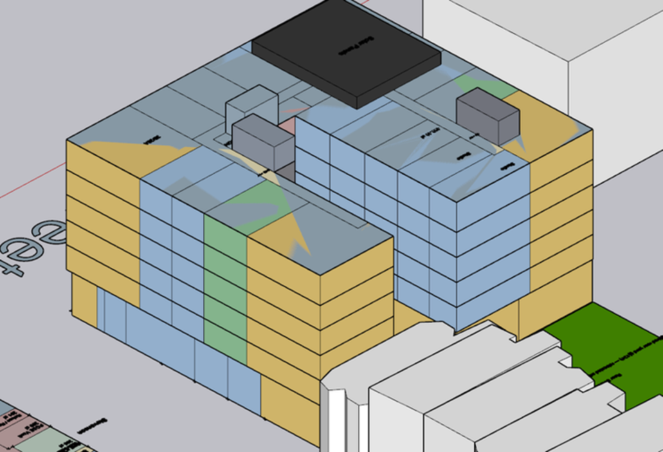 Axonometric massing showing courtyard and solar panels